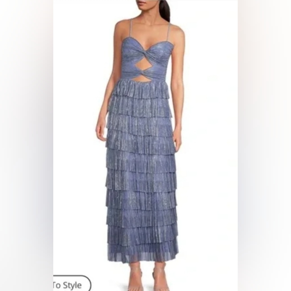 NWT, Grace Metallic Plisse Sweetheart Neck Cut-Out Tiered Dress, Chambray